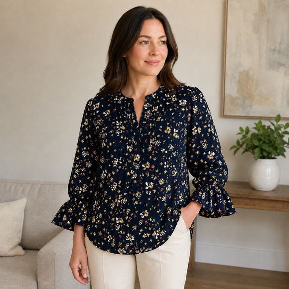 Vince Camuto Tops - Vince Camuto Womens M Navy Floral Split Neck Balloon Sleeve Blouse NWT